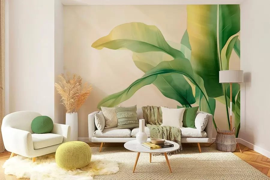 Papier peint grandes feuilles tropicales vertes sur le côté w03959