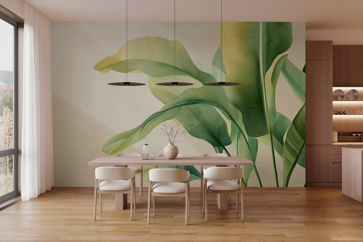 Papier peint grandes feuilles tropicales vertes sur le côté w03959