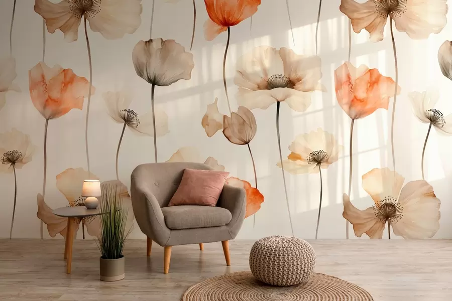 Papier peint coquelicots bouclés en style aquarelle w04031