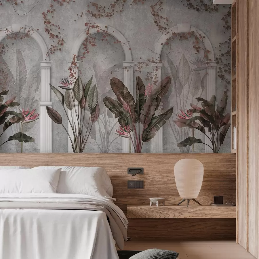 Papier peint Mur en béton avec arches et plantes tropicales, florales, couleurs bordeaux w04065v1