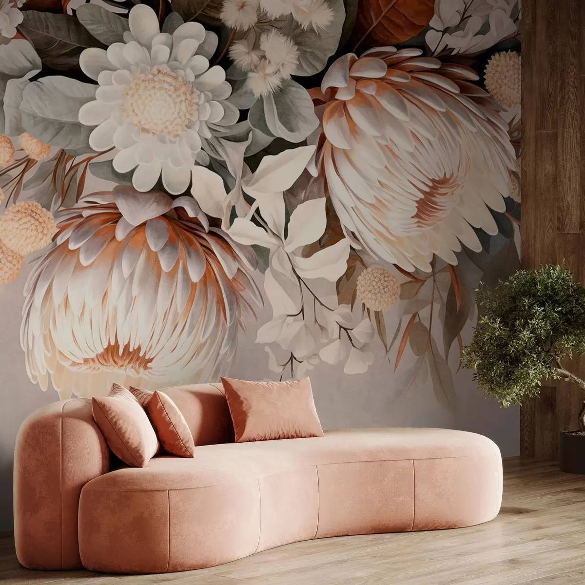 Papier peint Grand protea texturé aux accents bruns, marguerites blanches et fleurs jaunes, fond beige atténué w09157