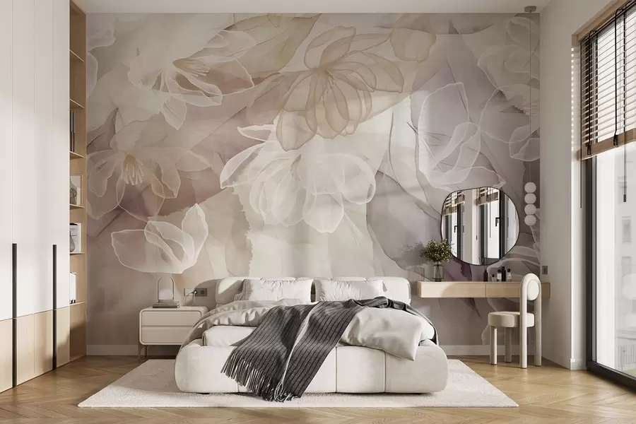 Papier peint Fleurs et feuilles aux pétales transparents dans les tons blanc, beige et violet, doux et délicats w09158