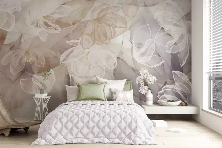 Papier peint Fleurs et feuilles aux pétales transparents dans les tons blanc, beige et violet, doux et délicats w09158