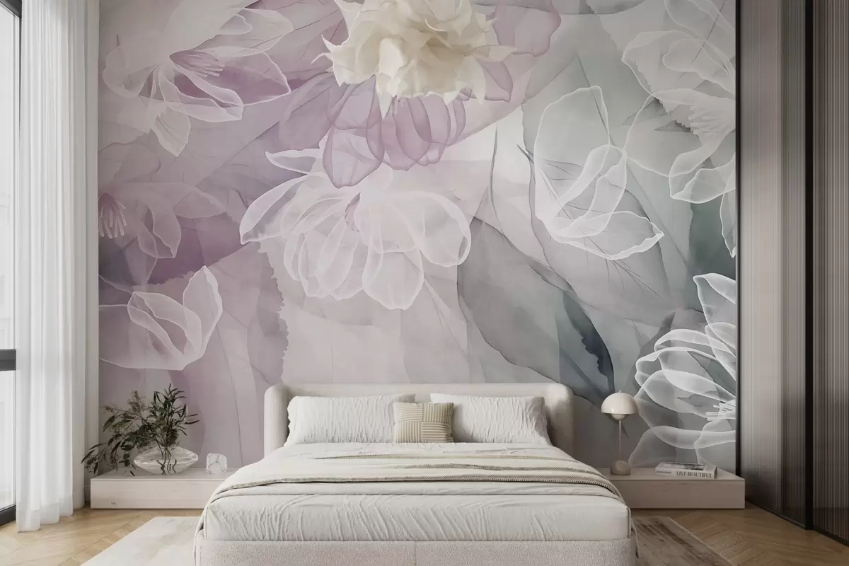 Papier peint Fleurs et feuilles aux pétales transparents dans les tons blanc, rose et vert, doux et délicats w09158v1