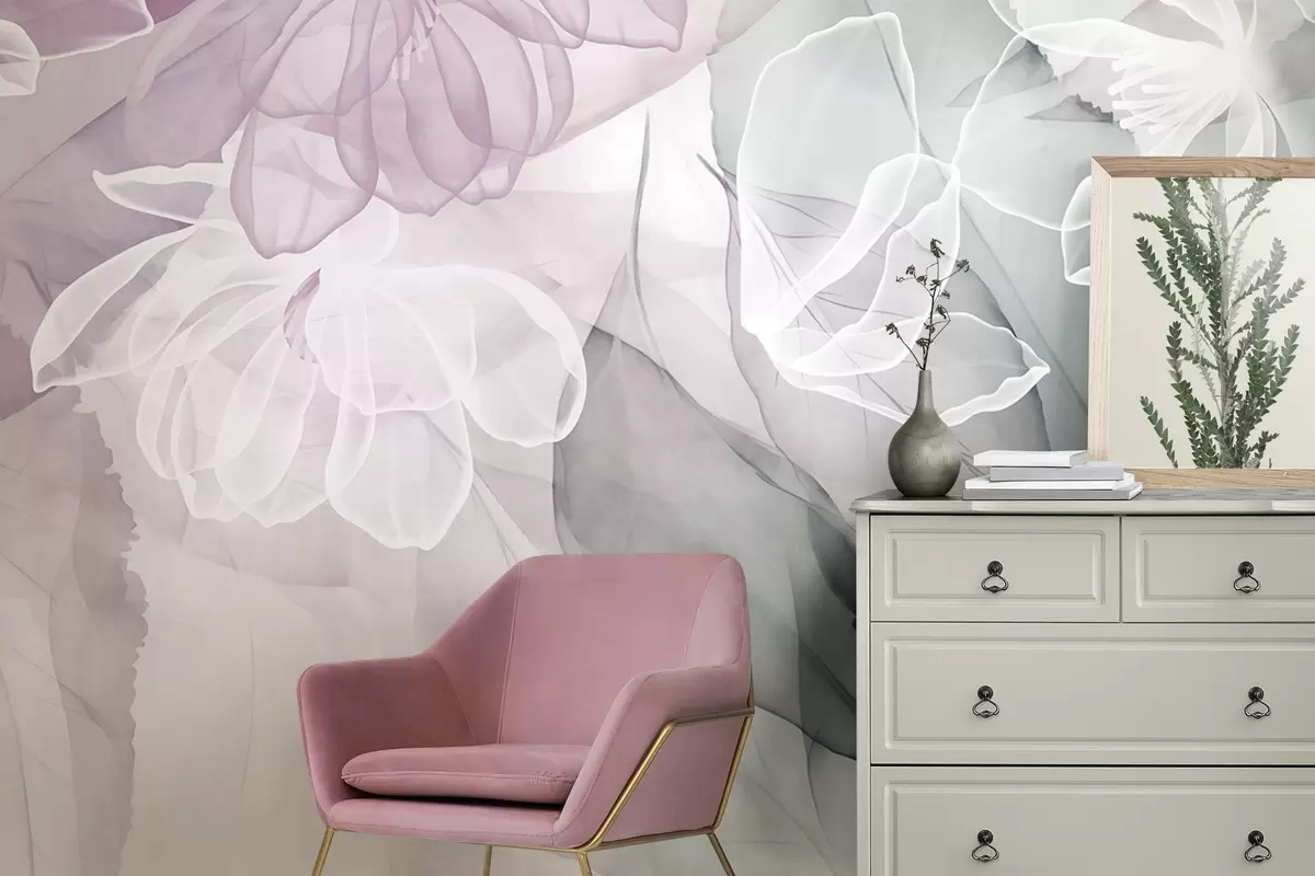 Papier peint Fleurs et feuilles aux pétales transparents dans les tons blanc, rose et vert, doux et délicats w09158v1