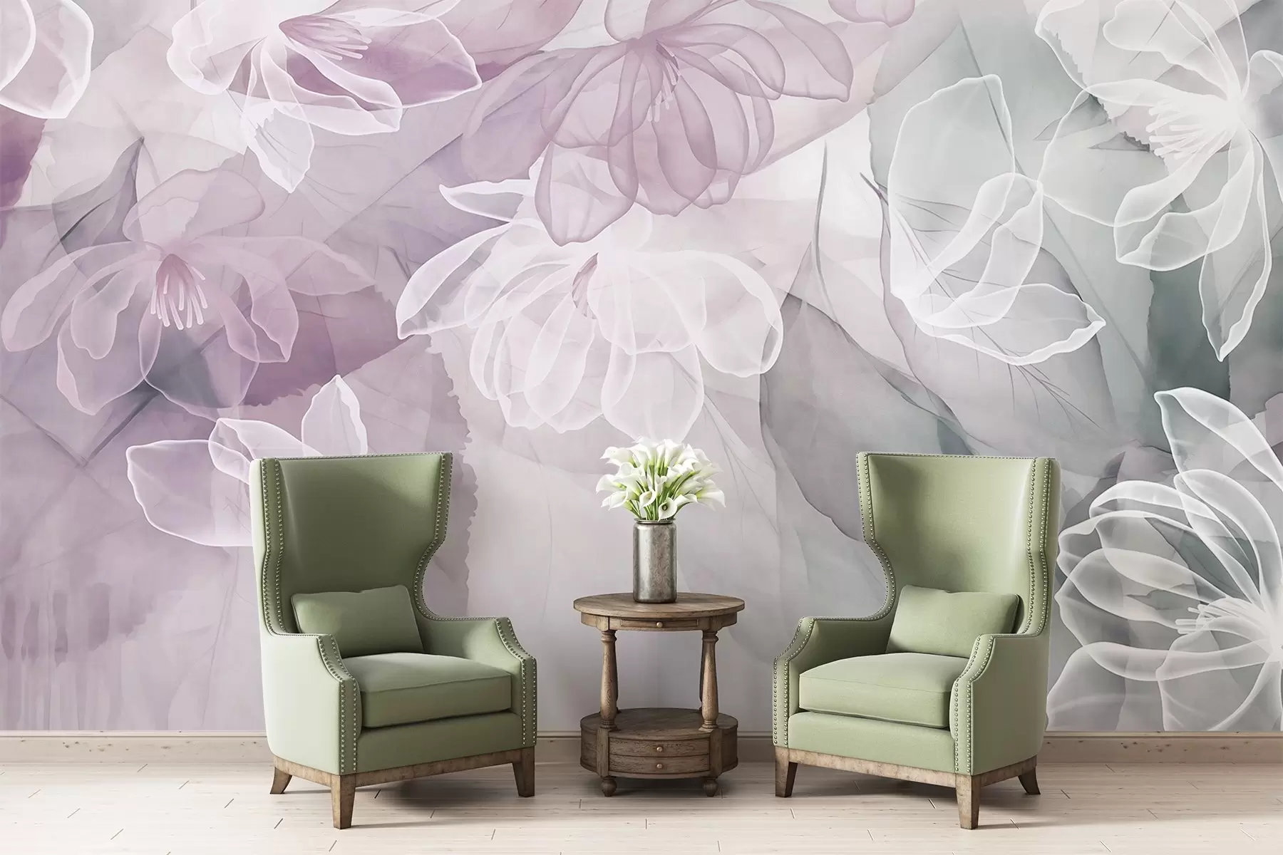 Papier peint Fleurs et feuilles aux pétales transparents dans les tons blanc, rose et vert, doux et délicats w09158v1