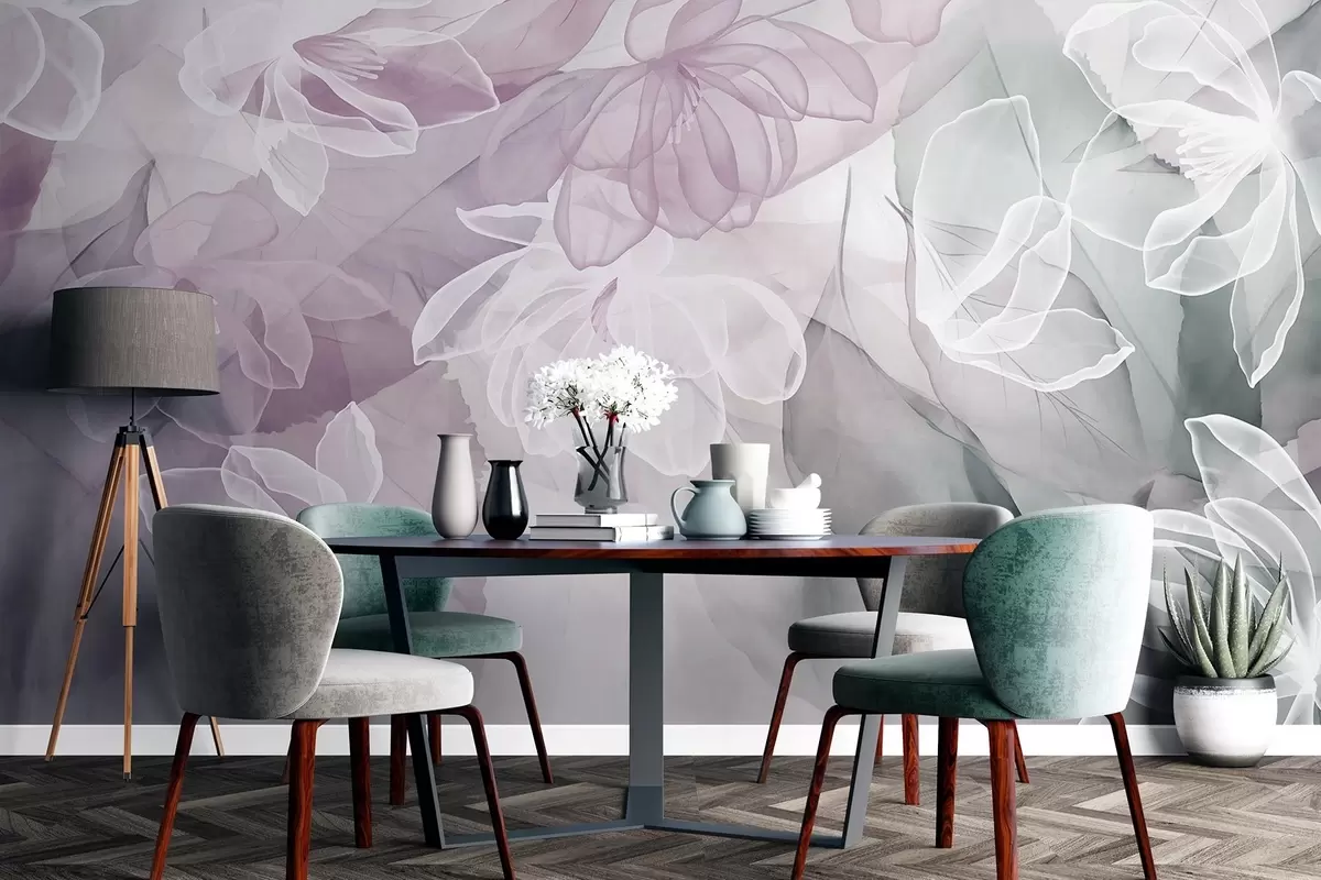 Papier peint Fleurs et feuilles aux pétales transparents dans les tons blanc, rose et vert, doux et délicats w09158v1