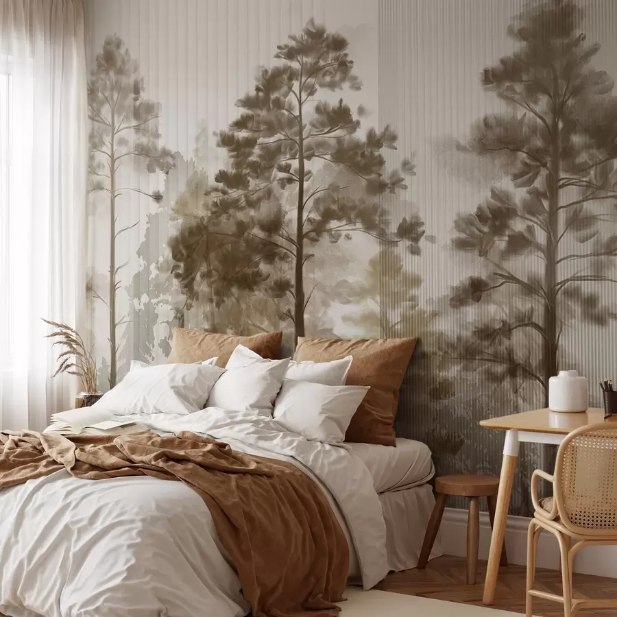 Papier peint Une forêt dense avec de grands pins, un feuillage beige luxuriant, une atmosphère brumeuse avec des textures de lignes verticales w09163v1