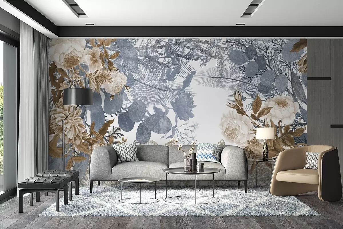 Papier peint Arrangement floral vintage avec des roses, de l'eucalyptus et du mimosa dans des tons bleus et bruns  w09164