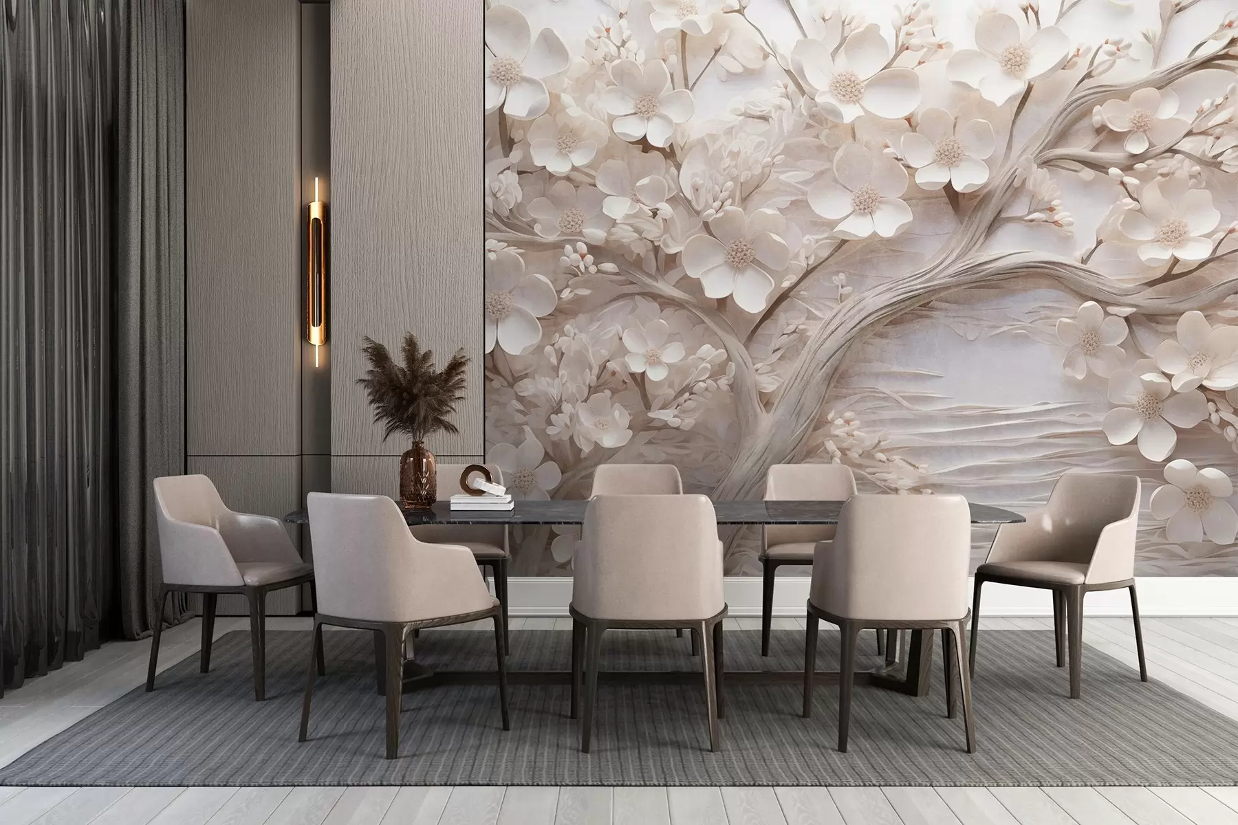 Papier peint Arbre texturé avec des fleurs blanches et un tronc brun, l'arrière-plan est blanc avec des lignes horizontales éclairage doux w09166