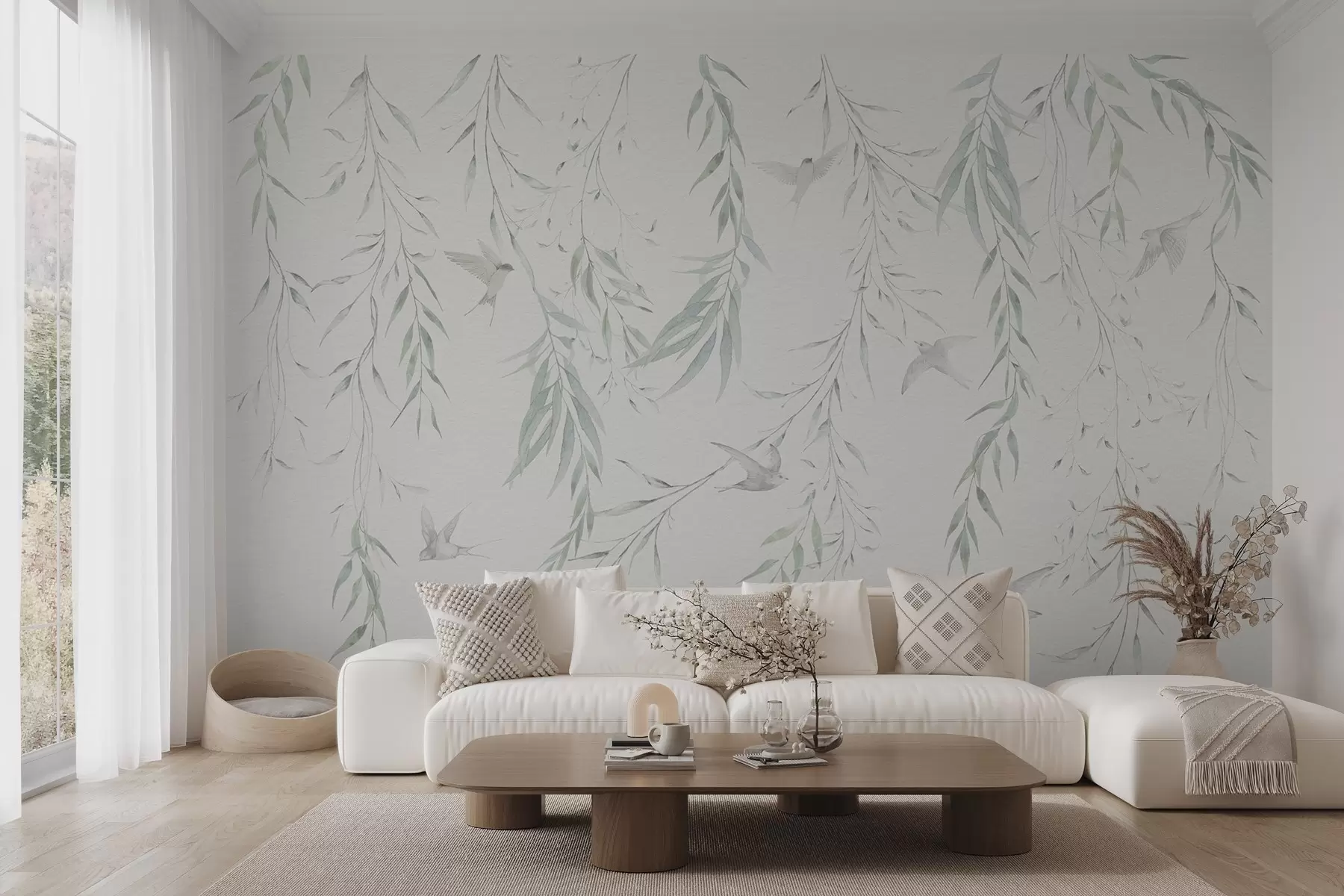 Papier peint Brindilles avec feuilles vertes suspendues et oiseaux w04052