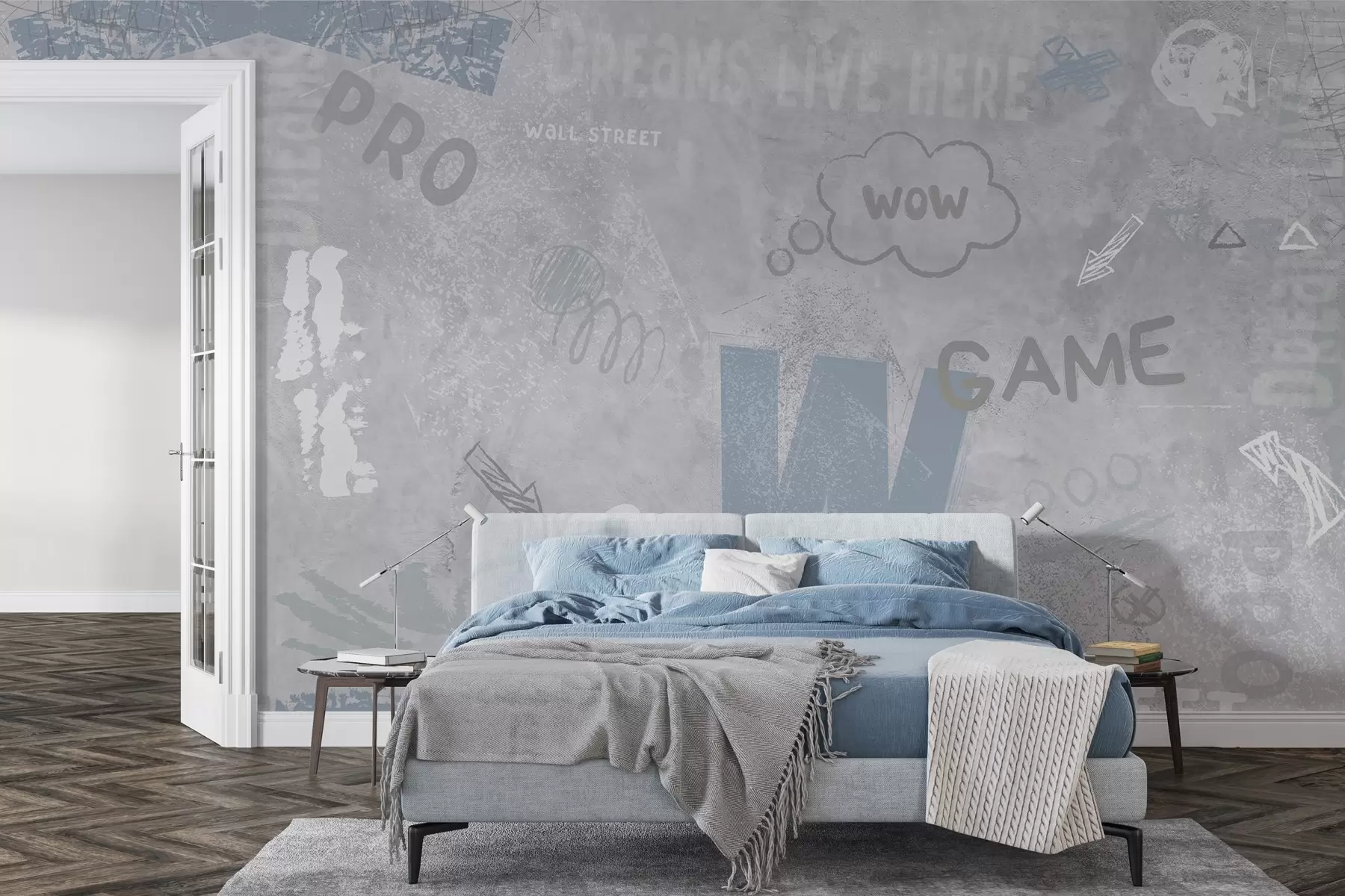 Papier peint Dessin dans le style street art avec des inscriptions de couleur bleue sur le fond d'un mur en béton w04056v1