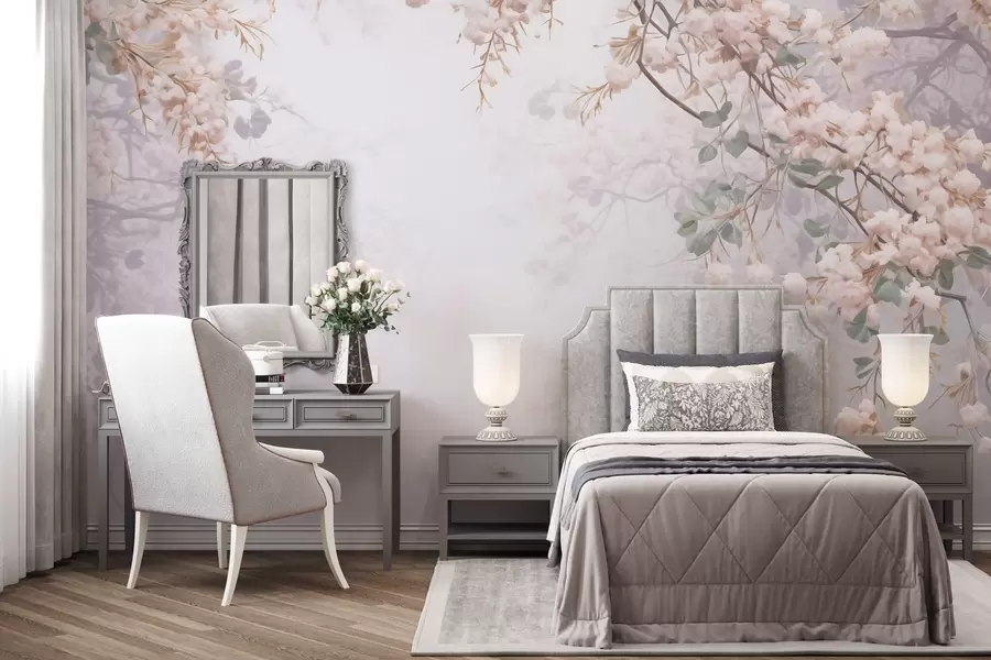 Papier peint Branches d'un arbre à fleurs dans le brouillard w04062