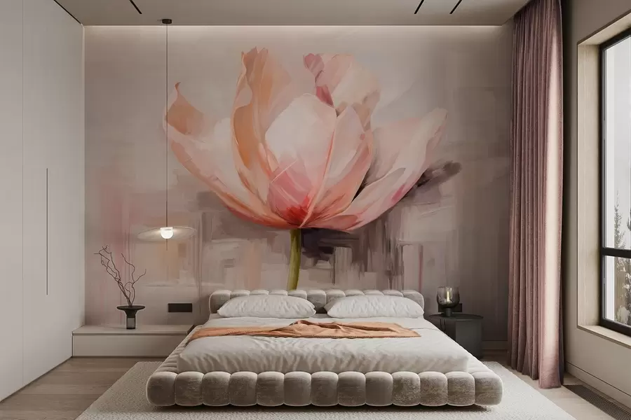 Papier peint Tulipe rose, imitation de peinture à l'huile avec des coups de pinceau doux, fond abstrait avec des tons pastel de gris et de beige w09187