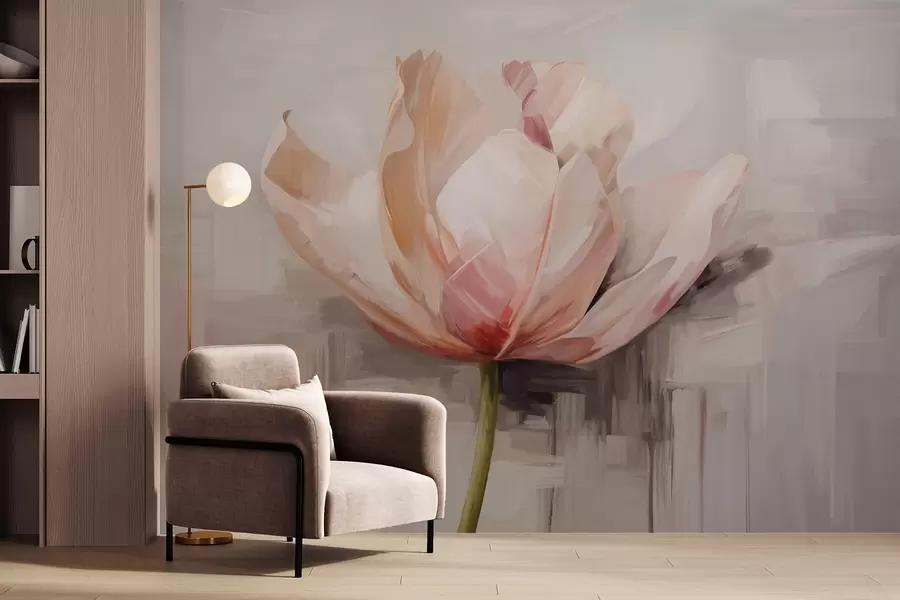 Papier peint Tulipe rose, imitation de peinture à l'huile avec des coups de pinceau doux, fond abstrait avec des tons pastel de gris et de beige w09187