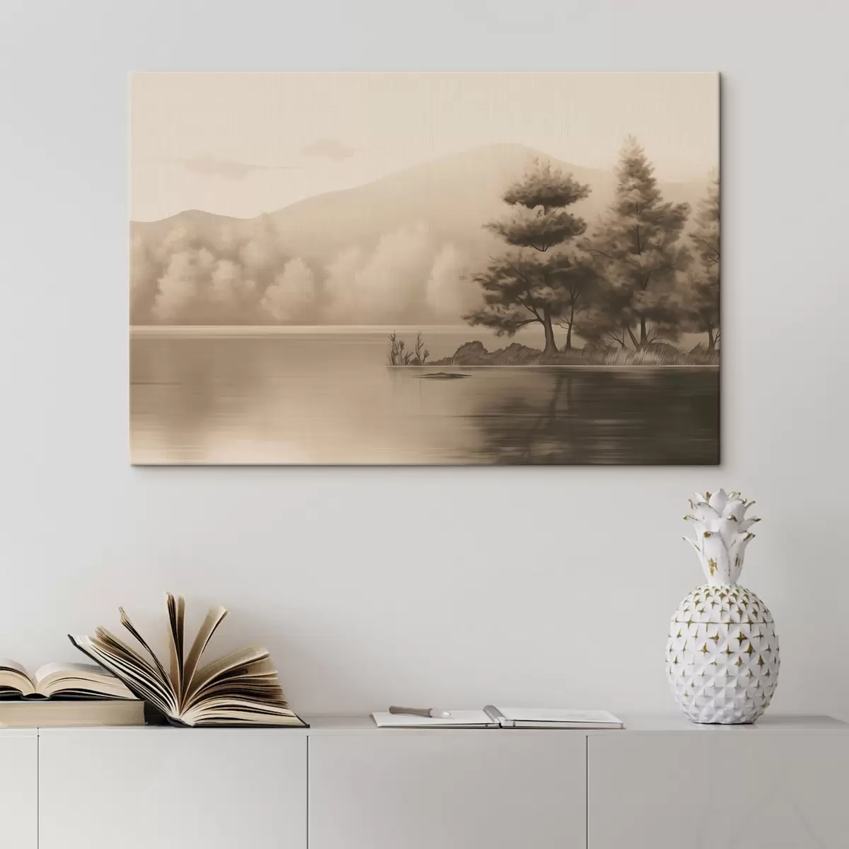 Tableau Lac et arbres en sépia s44633