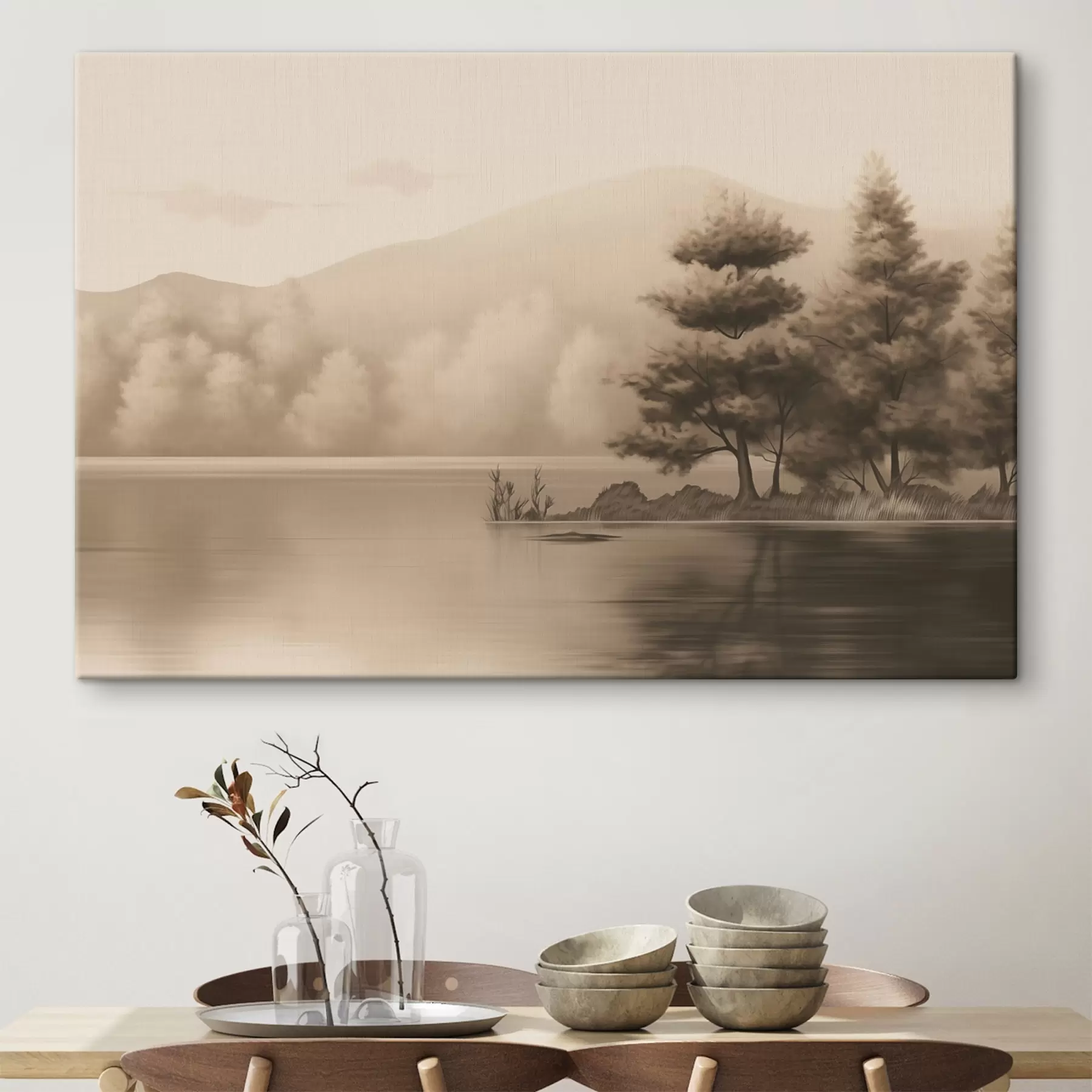 Tableau Lac et arbres en sépia s44633