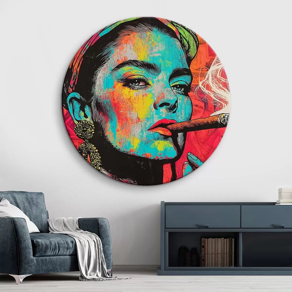 Tableaux rondes Fille avec un cigare, style pop art r44625