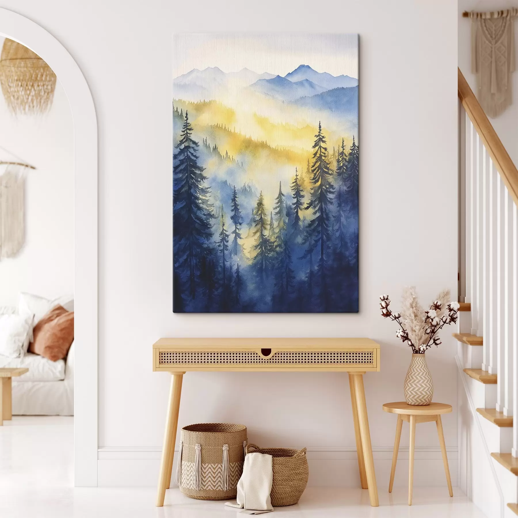 Tableau Montagnes brumeuses au lever du soleil, forêts de pins, couleurs bleues et jaunes s44602