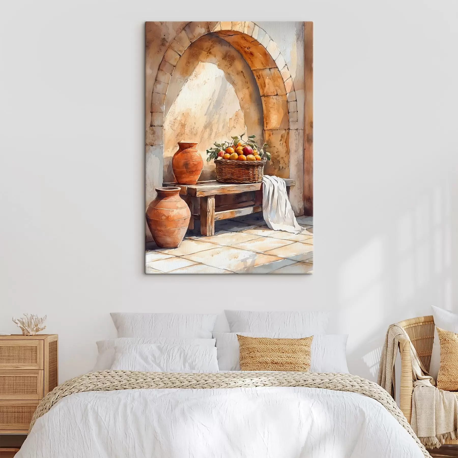 Tableau Vases esthétiques et panier en osier avec oranges, Toscane, style rustique s44605