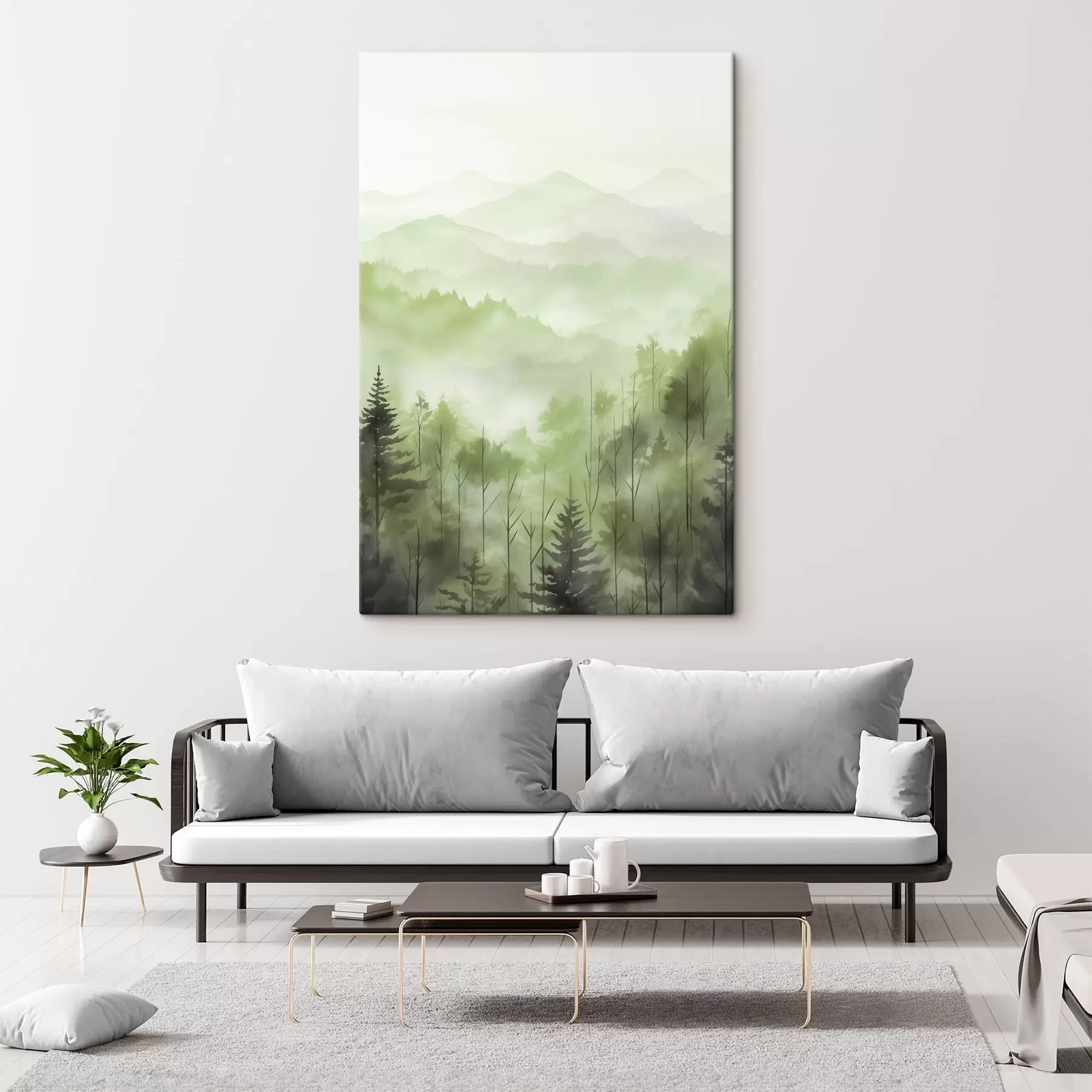 Papier peint Montagnes avec paysage forestier, couleurs vertes, style aquarelle s44606