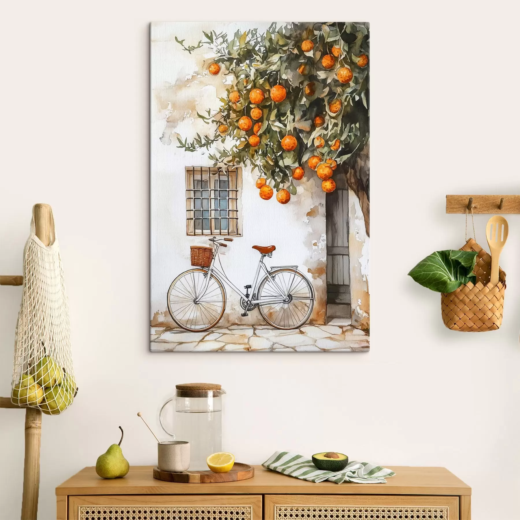Papier peint Maison blanche méditerranéenne avec oranger et bicyclette s44610