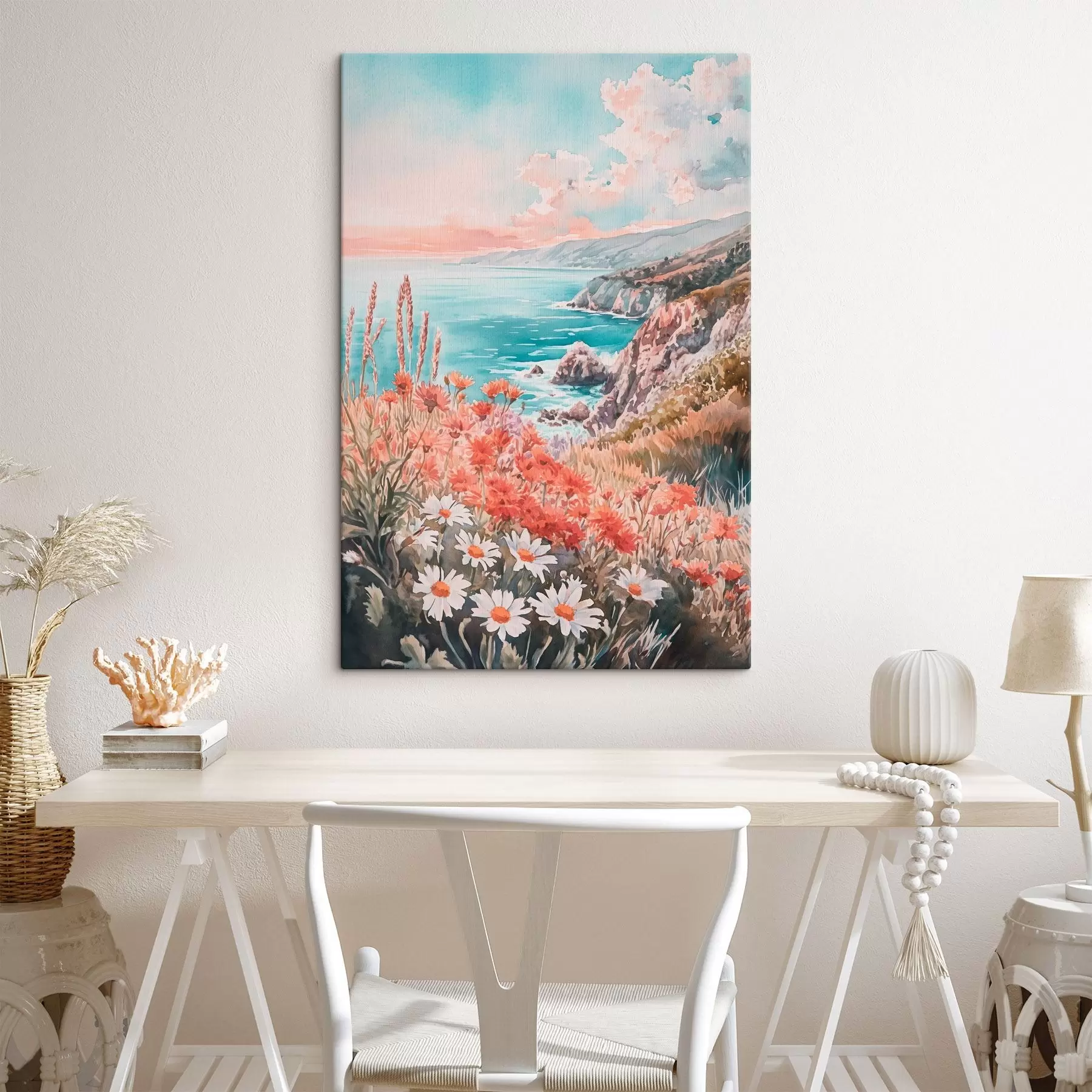 Tableau Portugal côte de l'océan au coucher du soleil, fleurs de prairie s44612