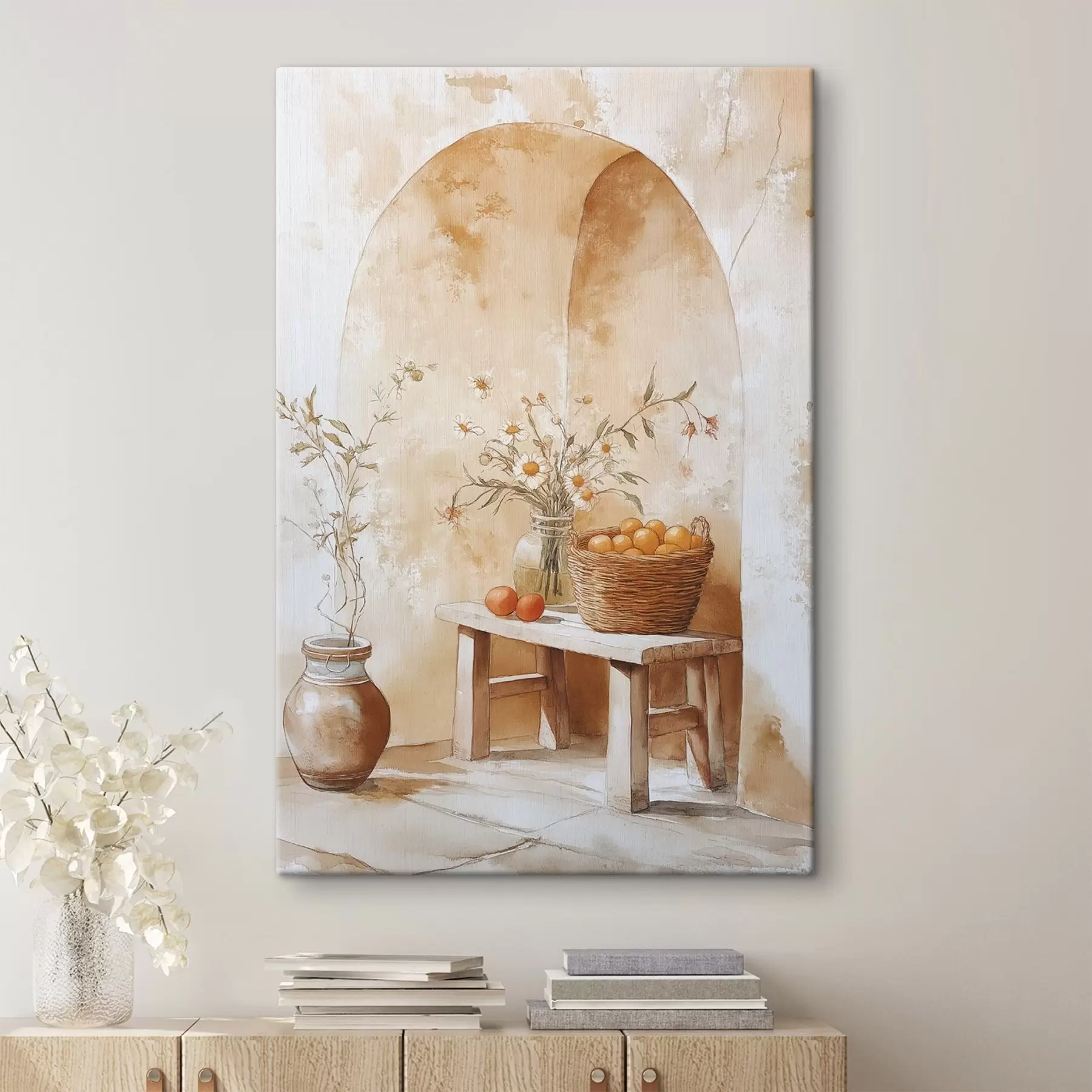 Papier peint Mur d'arcade avec jarre antique, fleurs de camomille et panier d'oranges  s44613