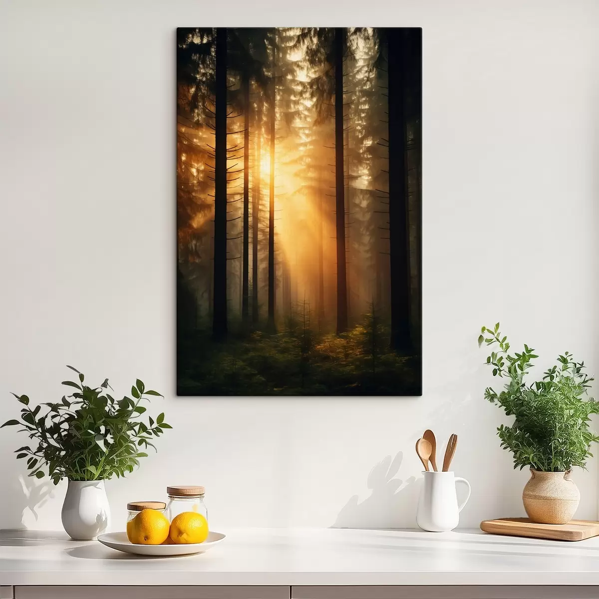 Tableau Forêt de pins dense avec la lumière du coucher de soleil, réalisme, nature s44615