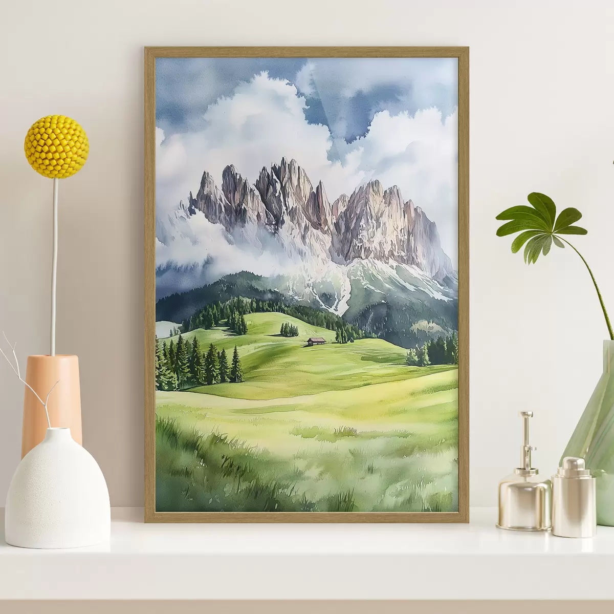 Poster Dolomites, montagnes alpines, Italie, paysage, aquarelle f44601