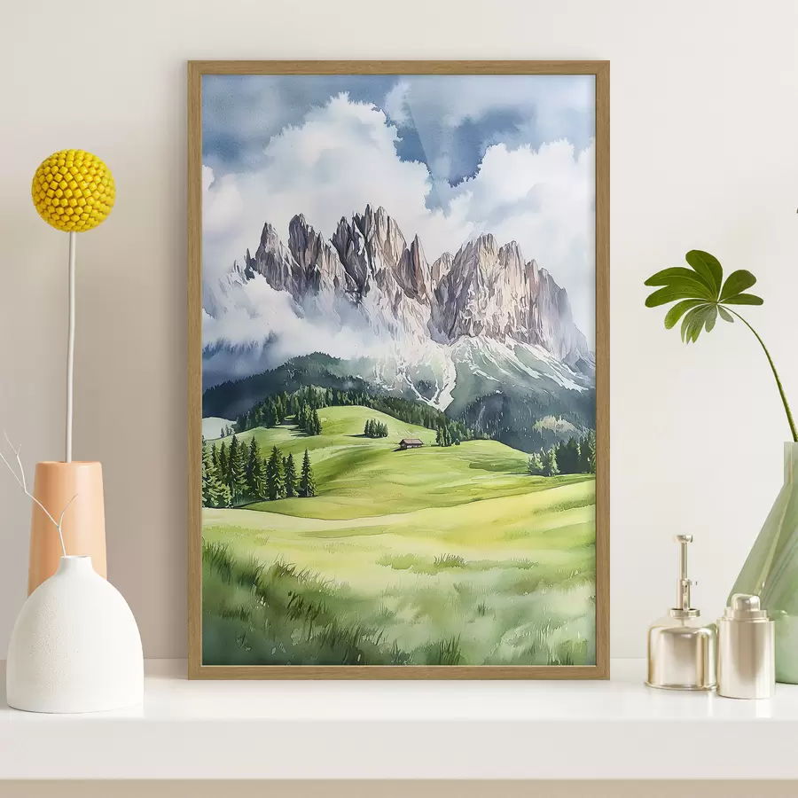 Papier peint Dolomites, montagnes alpines, Italie, paysage, aquarelle f44601
