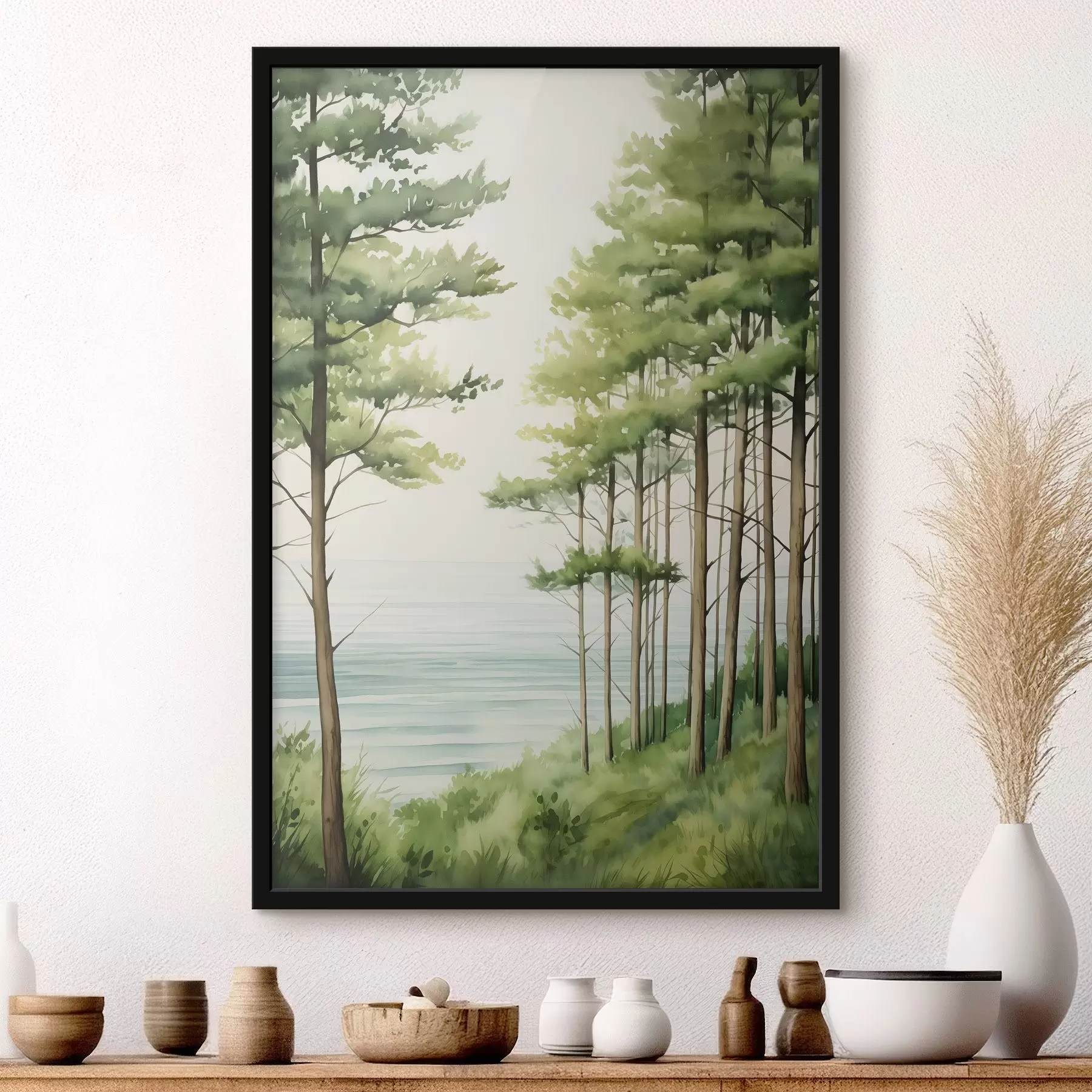 Papier peint Forêt de pins verts près de la mer, style aquarelle f44603