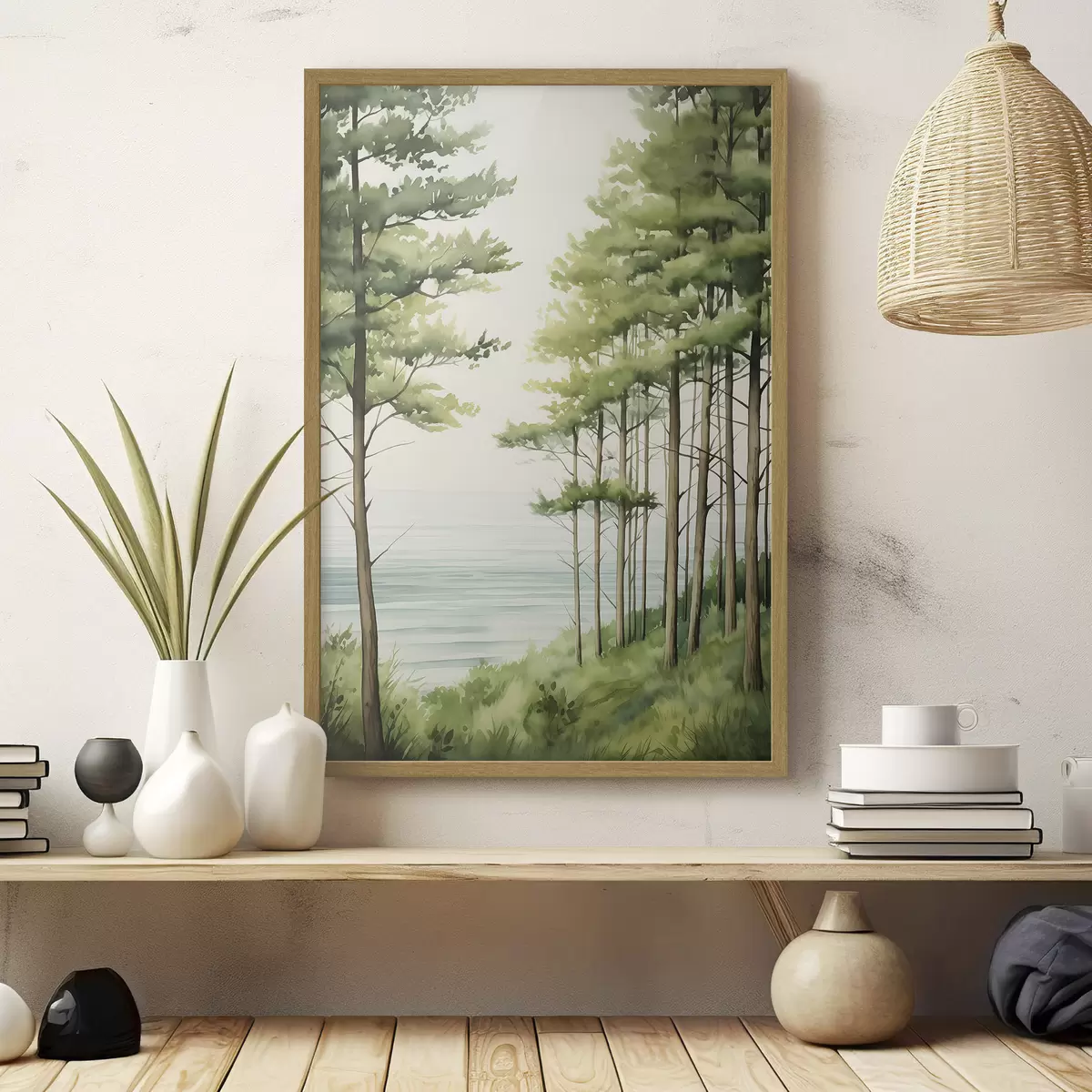 Poster Forêt de pins verts près de la mer, style aquarelle f44603
