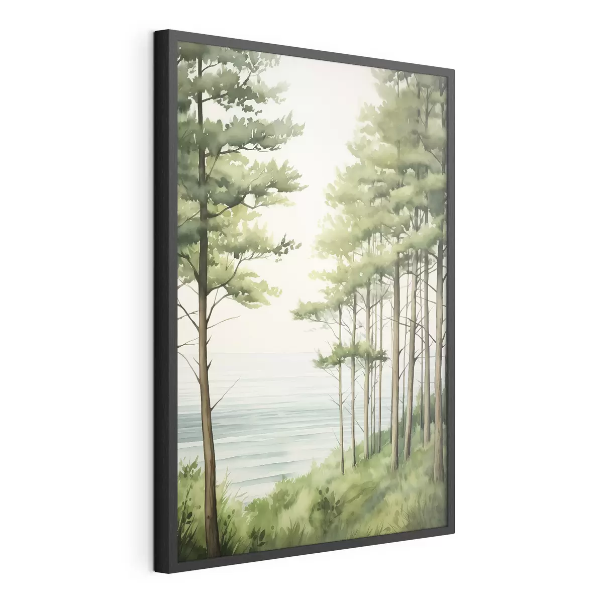 Poster Forêt de pins verts près de la mer, style aquarelle f44603