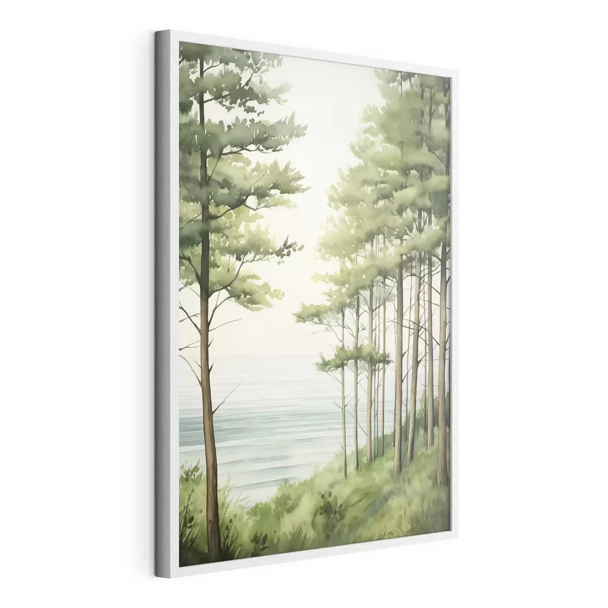 Poster Forêt de pins verts près de la mer, style aquarelle f44603
