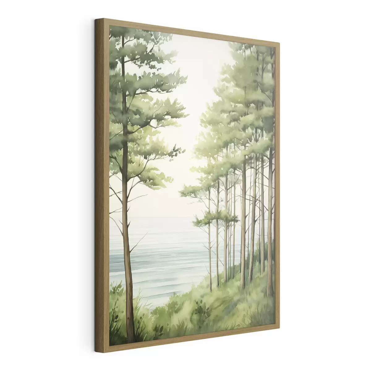 Poster Forêt de pins verts près de la mer, style aquarelle f44603