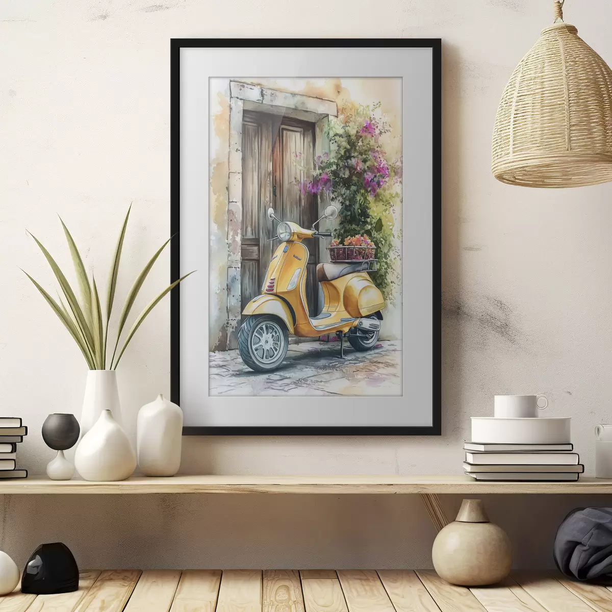 Poster Scooter Vespa jaune près d'une porte en bois avec des fleurs f44607