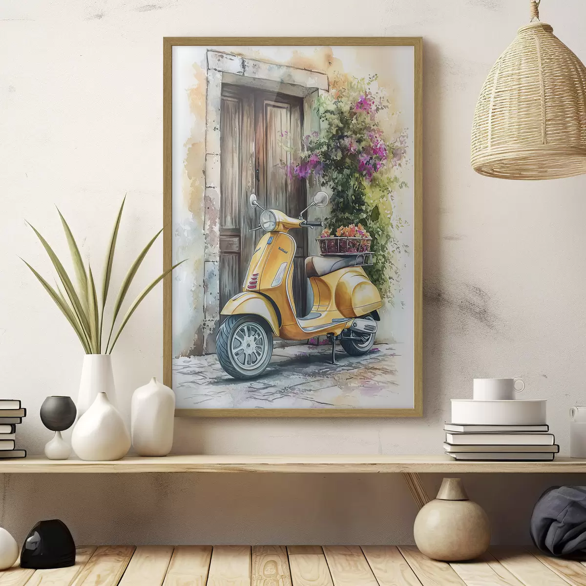 Poster Scooter Vespa jaune près d'une porte en bois avec des fleurs f44607