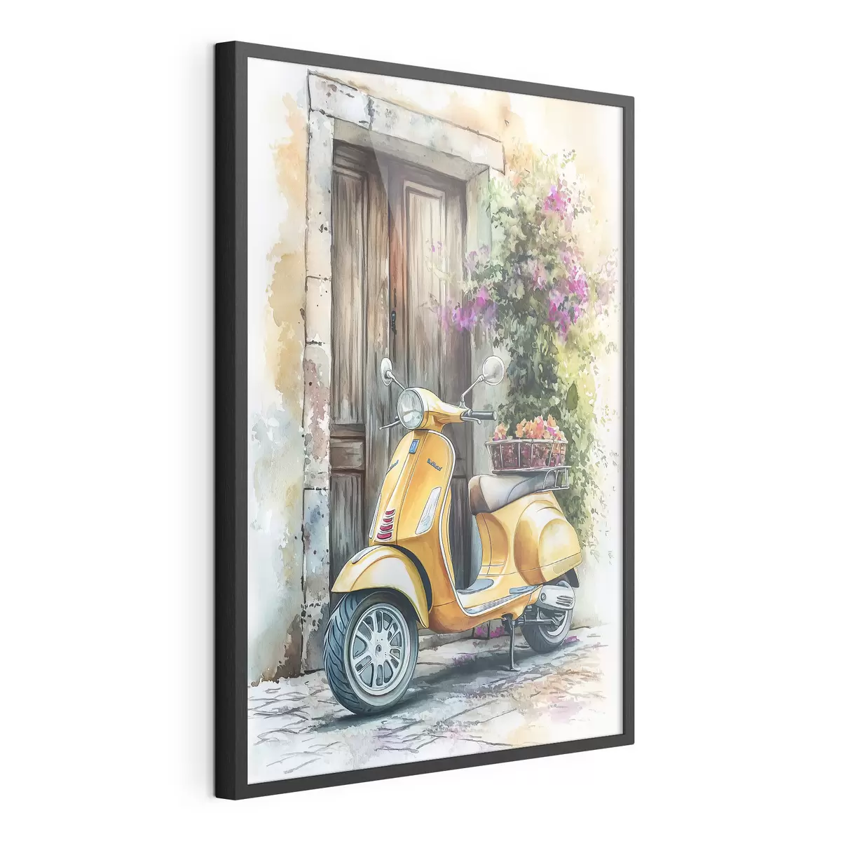 Poster Scooter Vespa jaune près d'une porte en bois avec des fleurs f44607