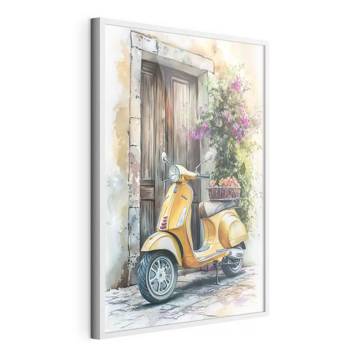 Poster Scooter Vespa jaune près d'une porte en bois avec des fleurs f44607