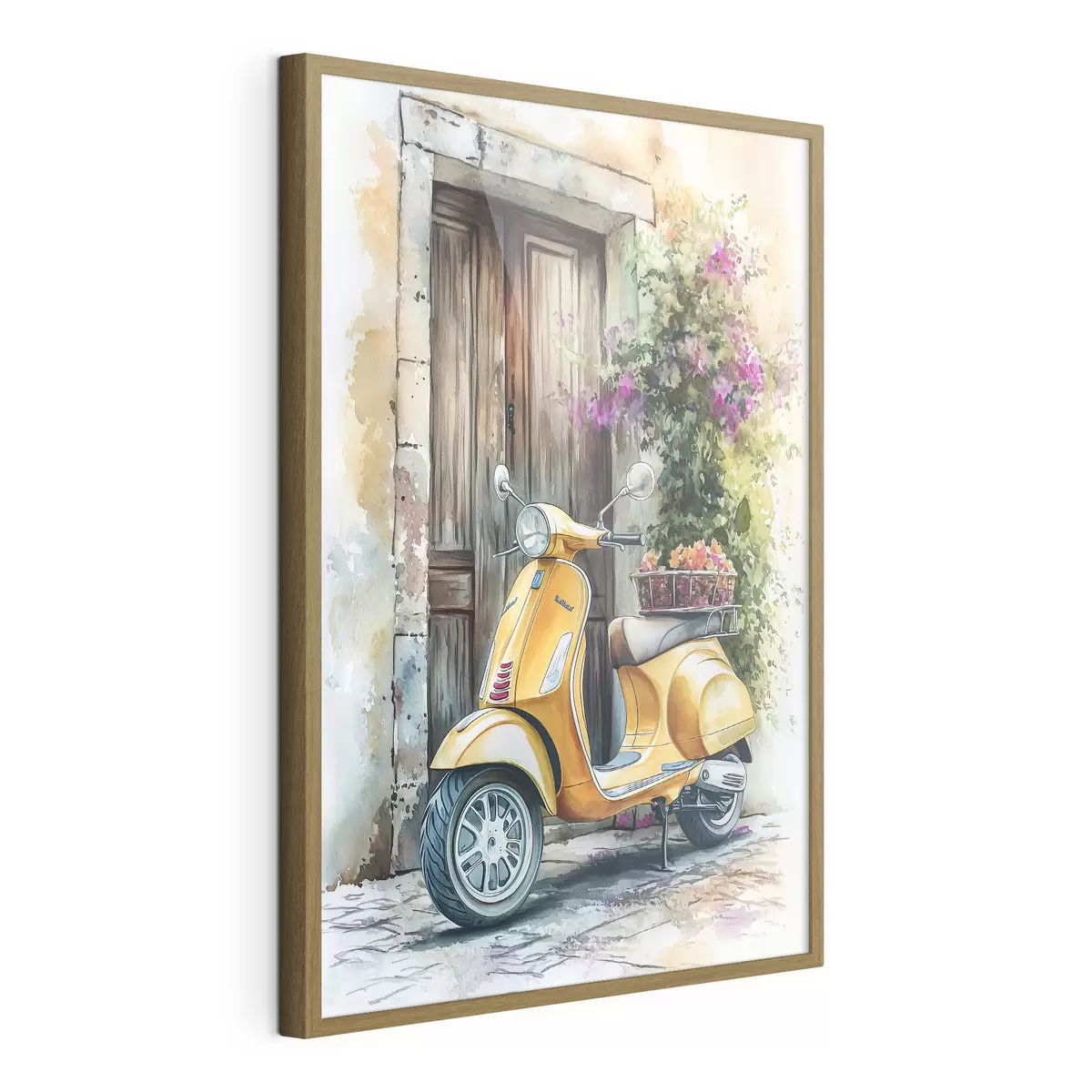 Poster Scooter Vespa jaune près d'une porte en bois avec des fleurs f44607