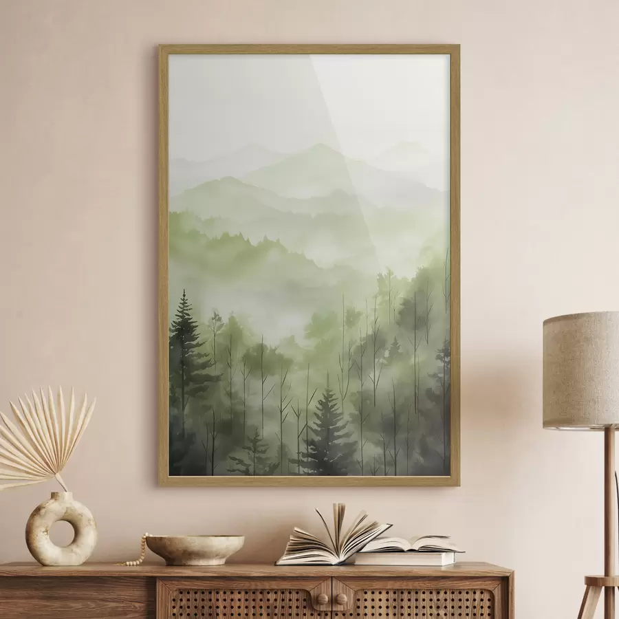 Papier peint Montagnes avec paysage forestier, couleurs vertes, style aquarelle f44606
