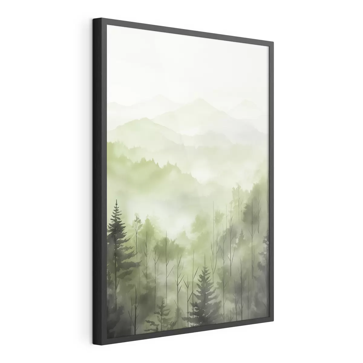 Poster Montagnes avec paysage forestier, couleurs vertes, style aquarelle f44606