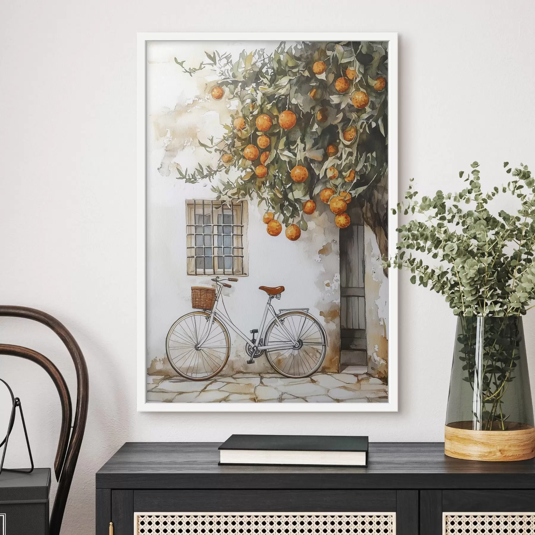 Papier peint Maison blanche méditerranéenne avec oranger et bicyclette f44610