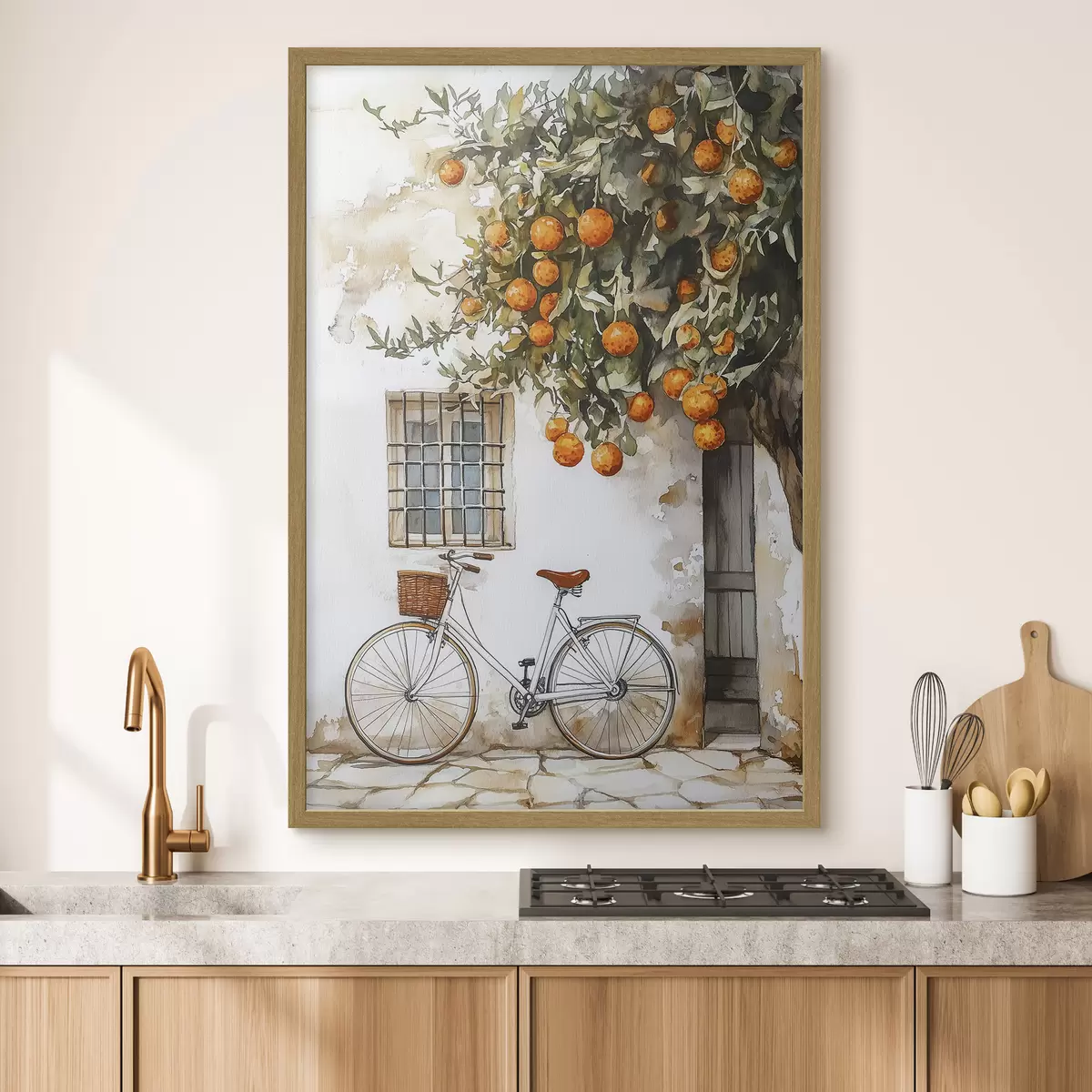 Poster Maison blanche méditerranéenne avec oranger et bicyclette f44610