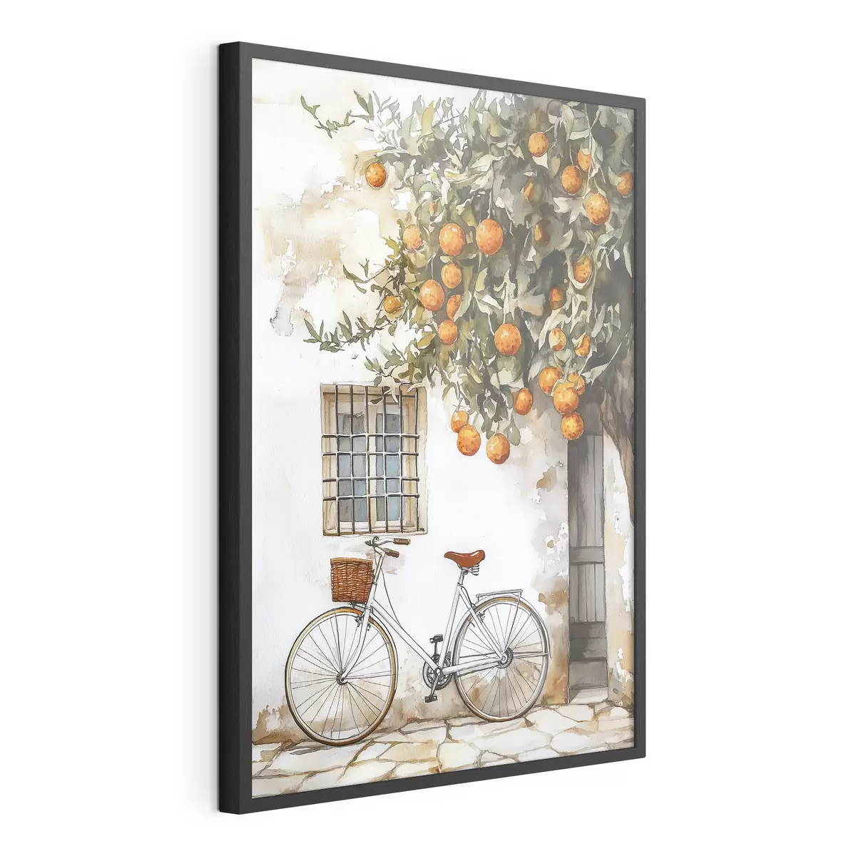 Poster Maison blanche méditerranéenne avec oranger et bicyclette f44610