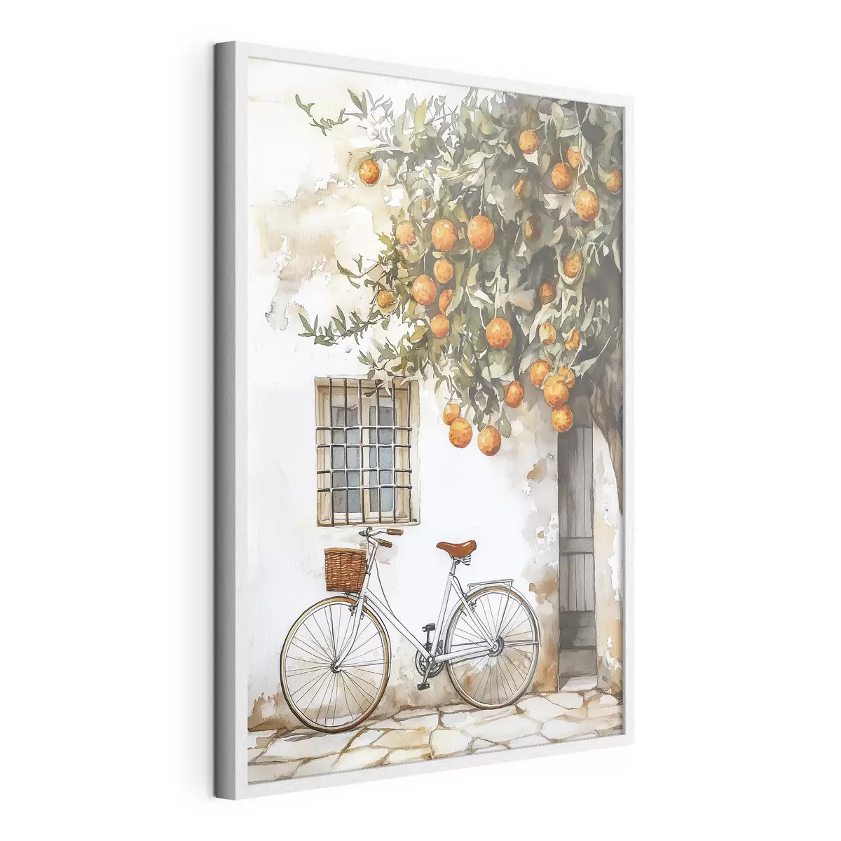 Poster Maison blanche méditerranéenne avec oranger et bicyclette f44610