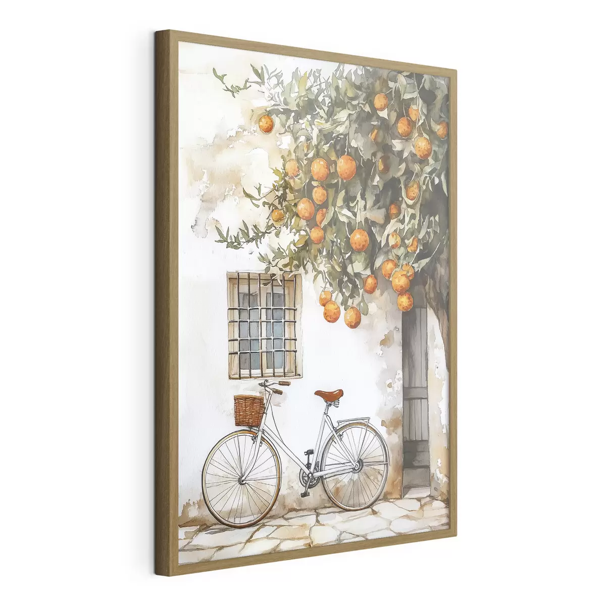 Poster Maison blanche méditerranéenne avec oranger et bicyclette f44610