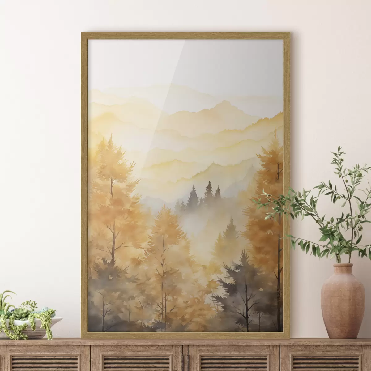 Poster Belle forêt d'automne avec des montagnes en arrière-plan f44614
