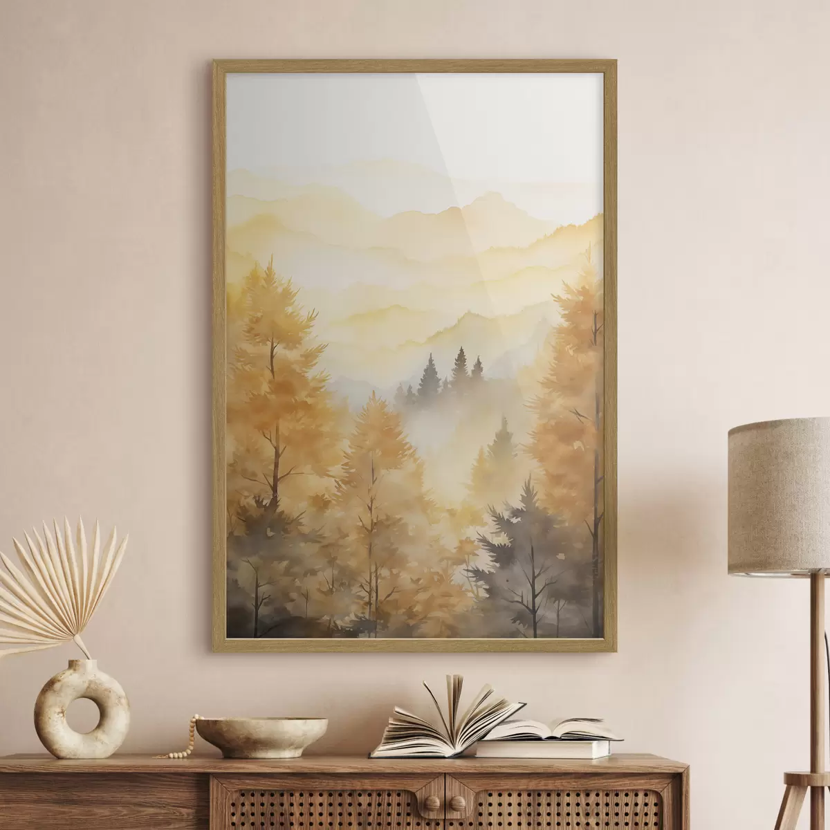 Poster Belle forêt d'automne avec des montagnes en arrière-plan f44614